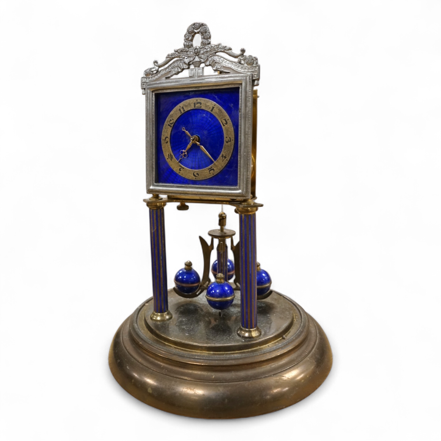 A Jahresuhrenfabrik anniversary clock with blue-enamelled dial, under glass dome, 32cm